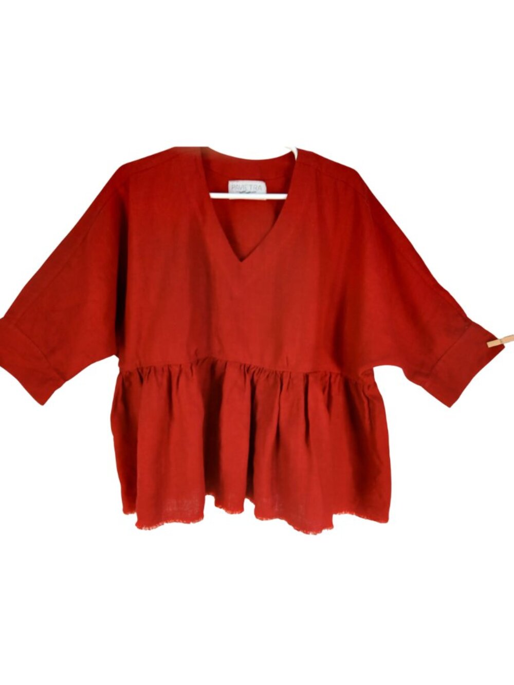 Pavietra Womens Red Linen Peplum Ruffled Peplum Linen Top V Neck - Picture 3 of 12